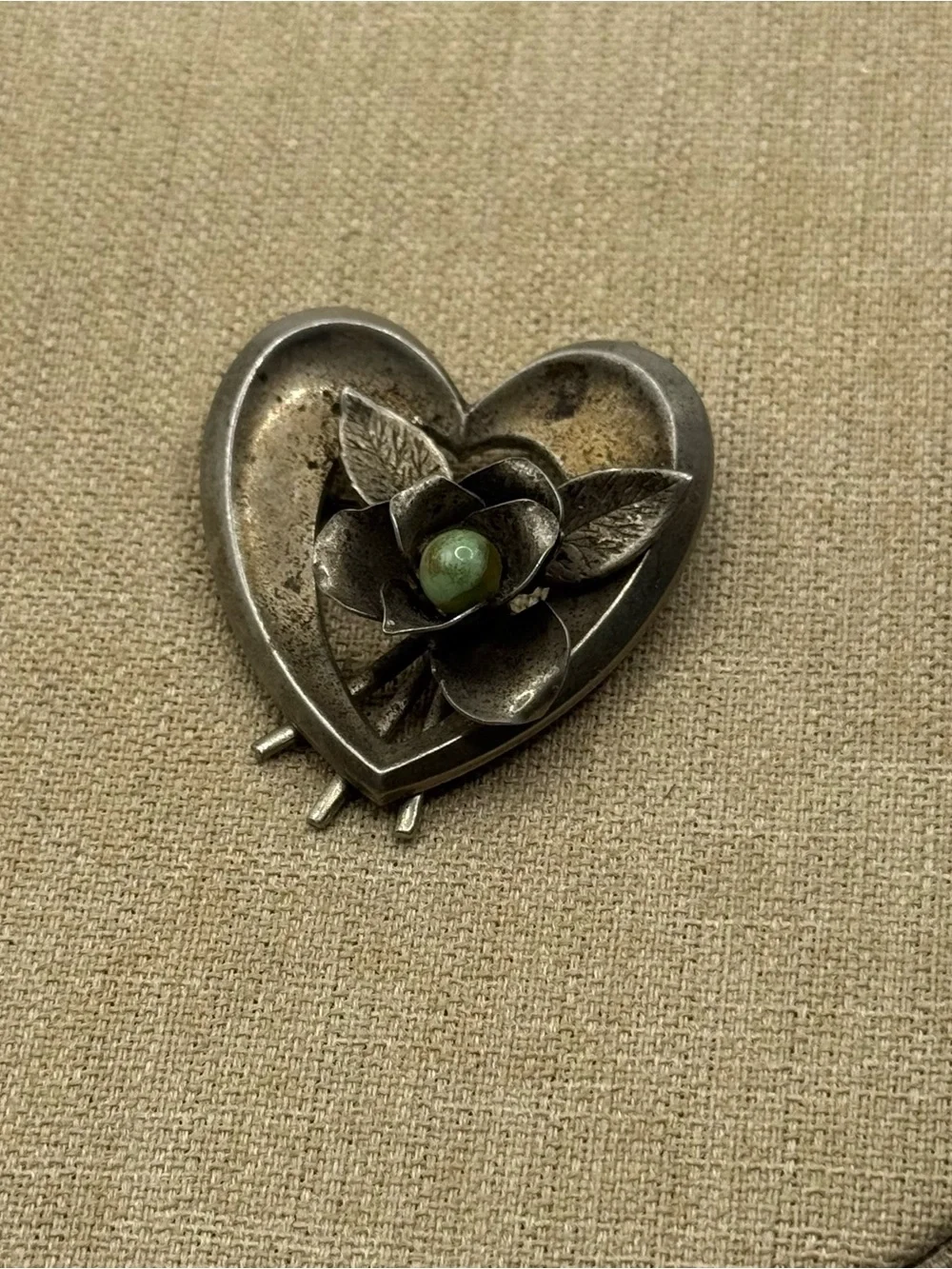Vintage Coro Silver Heart Floral Brooch with Green Stone